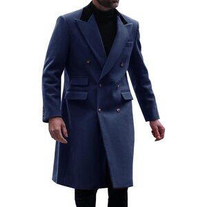 💫 Men Blue Long Trench Coat Lapel Double Breasted Casual Winter Warm Pea Coat